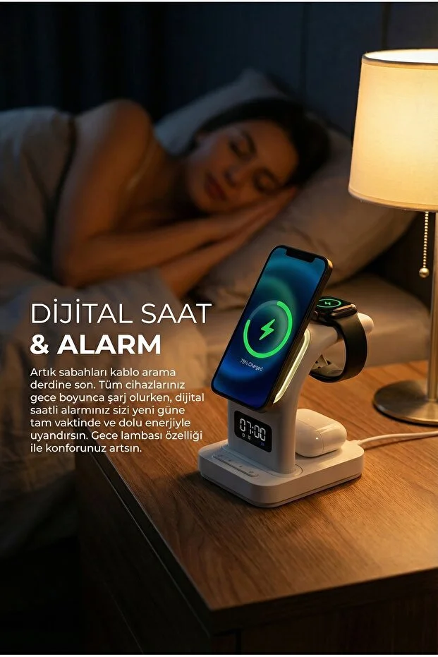 Magsafe Destekli Kablosuz Hızlı Şarj Stand 3 in 1 Apple iphone Android Uyumlu Led Alarm Saat